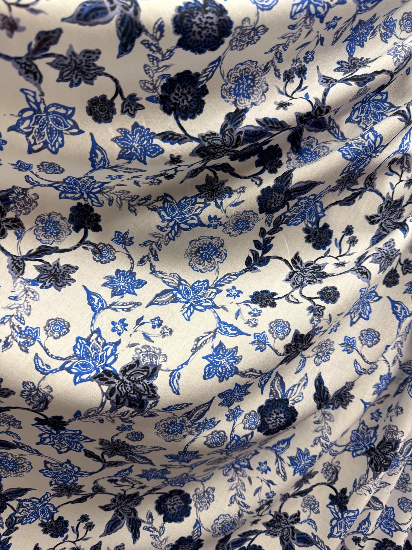 Floral Rayon Challis Fabric: Blue & Black Lightweight Woven, 58" Wide Sold by the yard