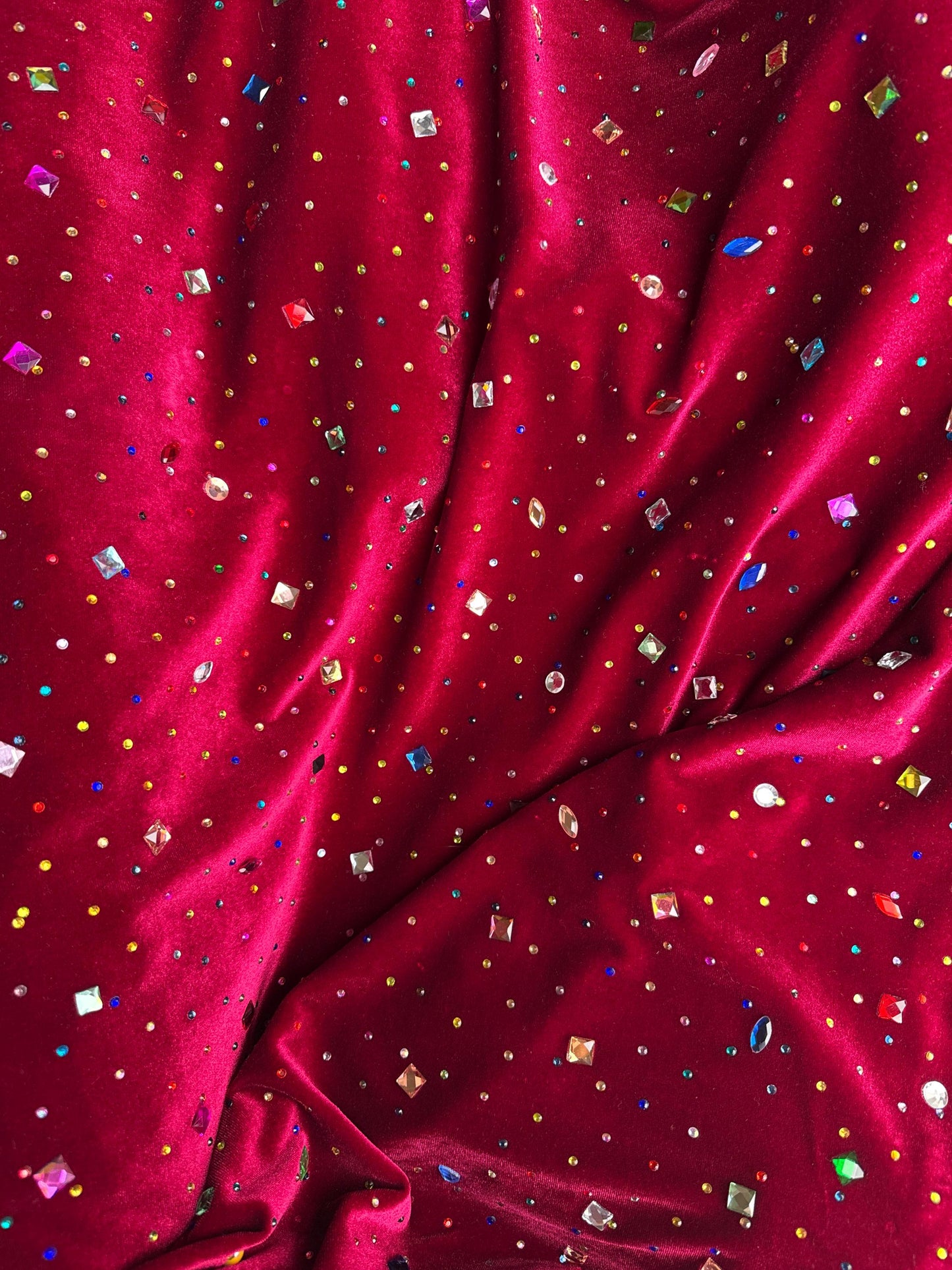 Wine Red Stretch Velvet Fabric with Multicolor Rhinestones | 2-Way Stretch Jewel fabric by the yard- Deadstock