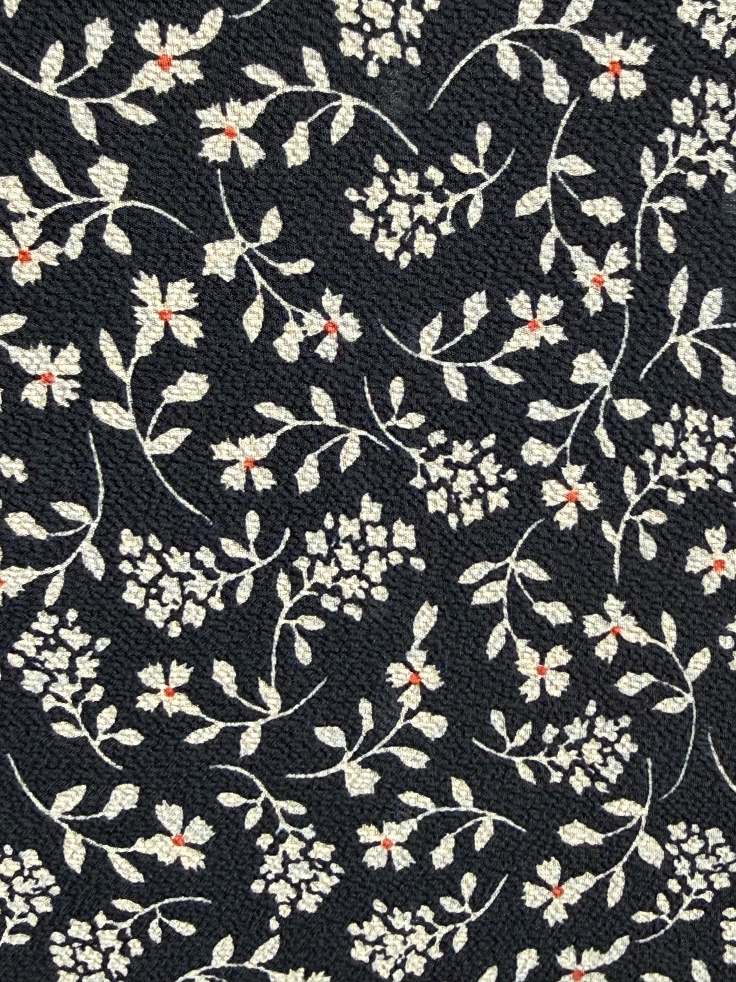 Black Ditsy Floral Crepe Peach Skin Fabric by the Yard – White Vine Print