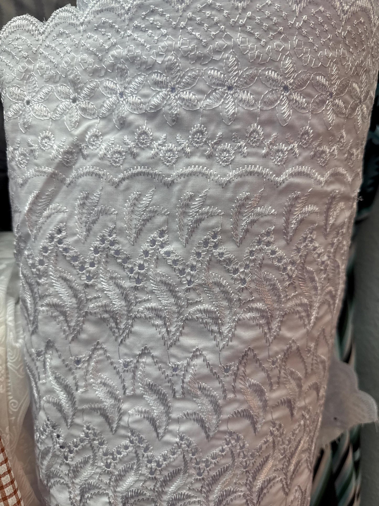 White Cotton Eyelet Fabric – Embroidered Leaf Chevron Pattern, 52" Wide (By the Yard)