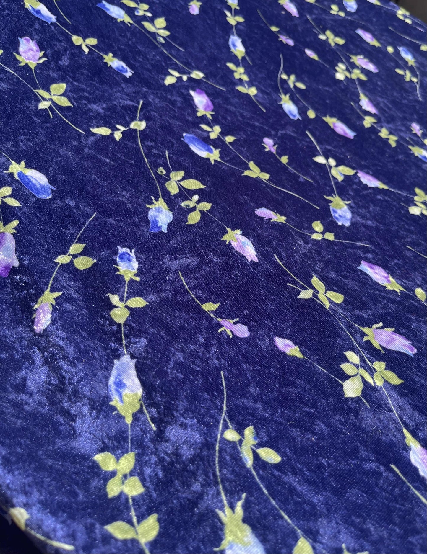 Navy Blue Floral Velvet Fabric: Rosebud Print, Soft Stretch - Sold By the Yard