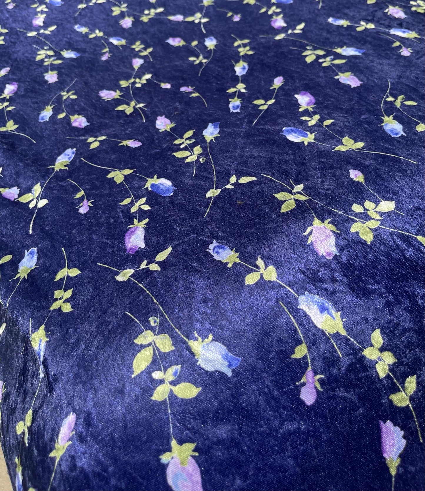 Navy Blue Floral Velvet Fabric: Rosebud Print, Soft Stretch - Sold By the Yard