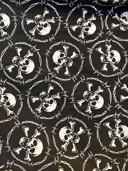 Skull & Barbed Wire Print Fabric: Punk Rock Goth 100% Polyester Halloween fabric by the yard