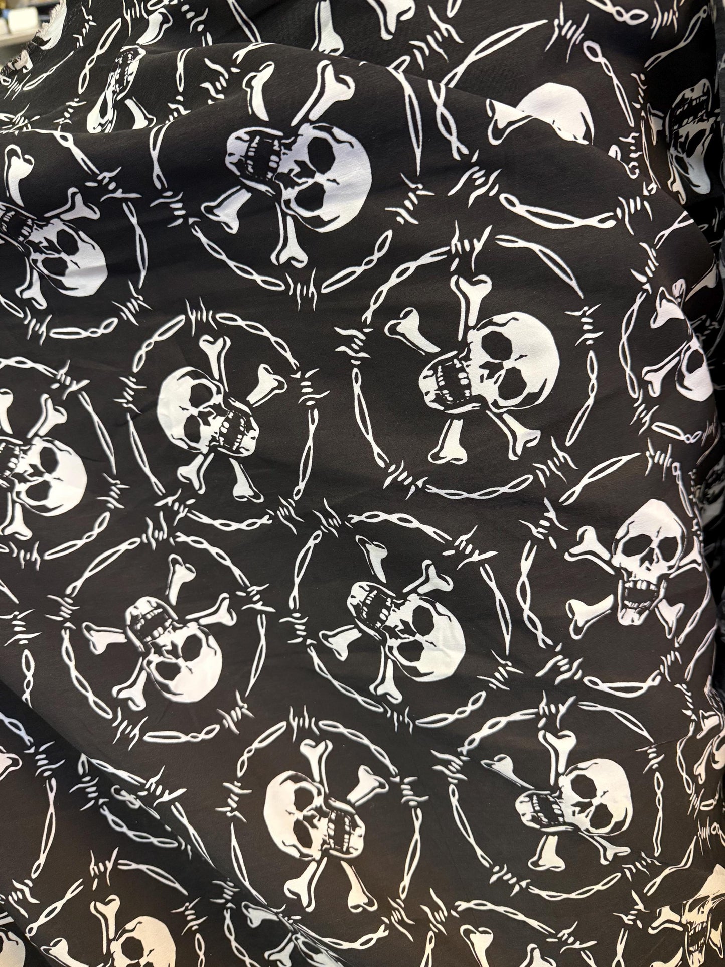 Skull & Barbed Wire Print Fabric: Punk Rock Goth 100% Polyester Halloween fabric by the yard