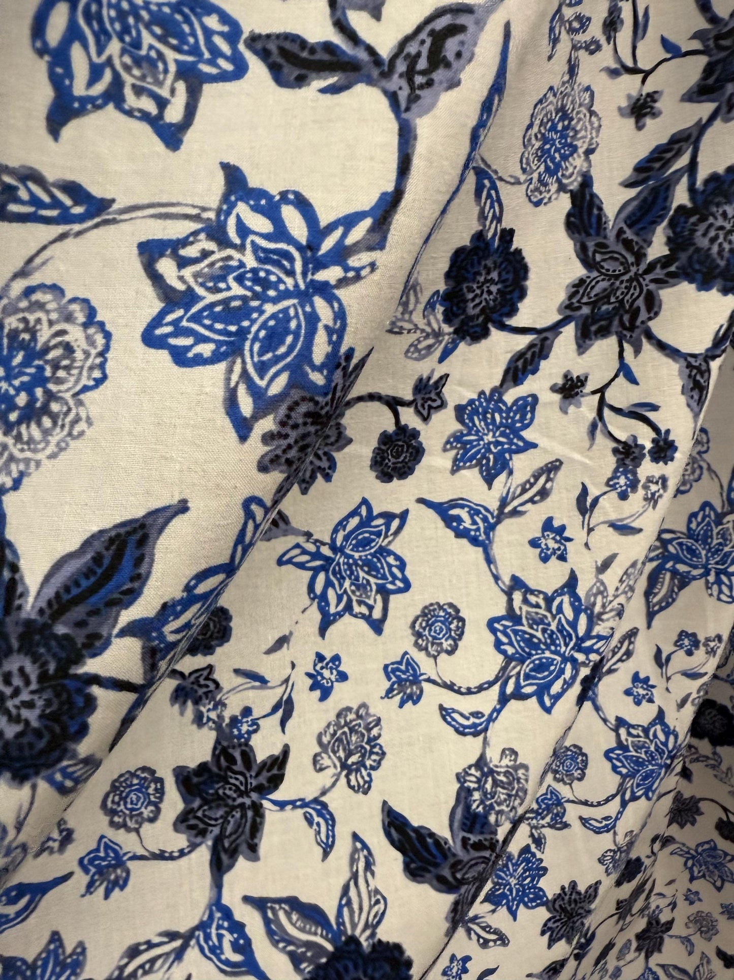 Floral Rayon Challis Fabric: Blue & Black Lightweight Woven, 58" Wide Sold by the yard