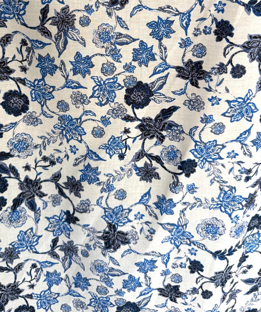 Floral Rayon Challis Fabric: Blue & Black Lightweight Woven, 58" Wide Sold by the yard