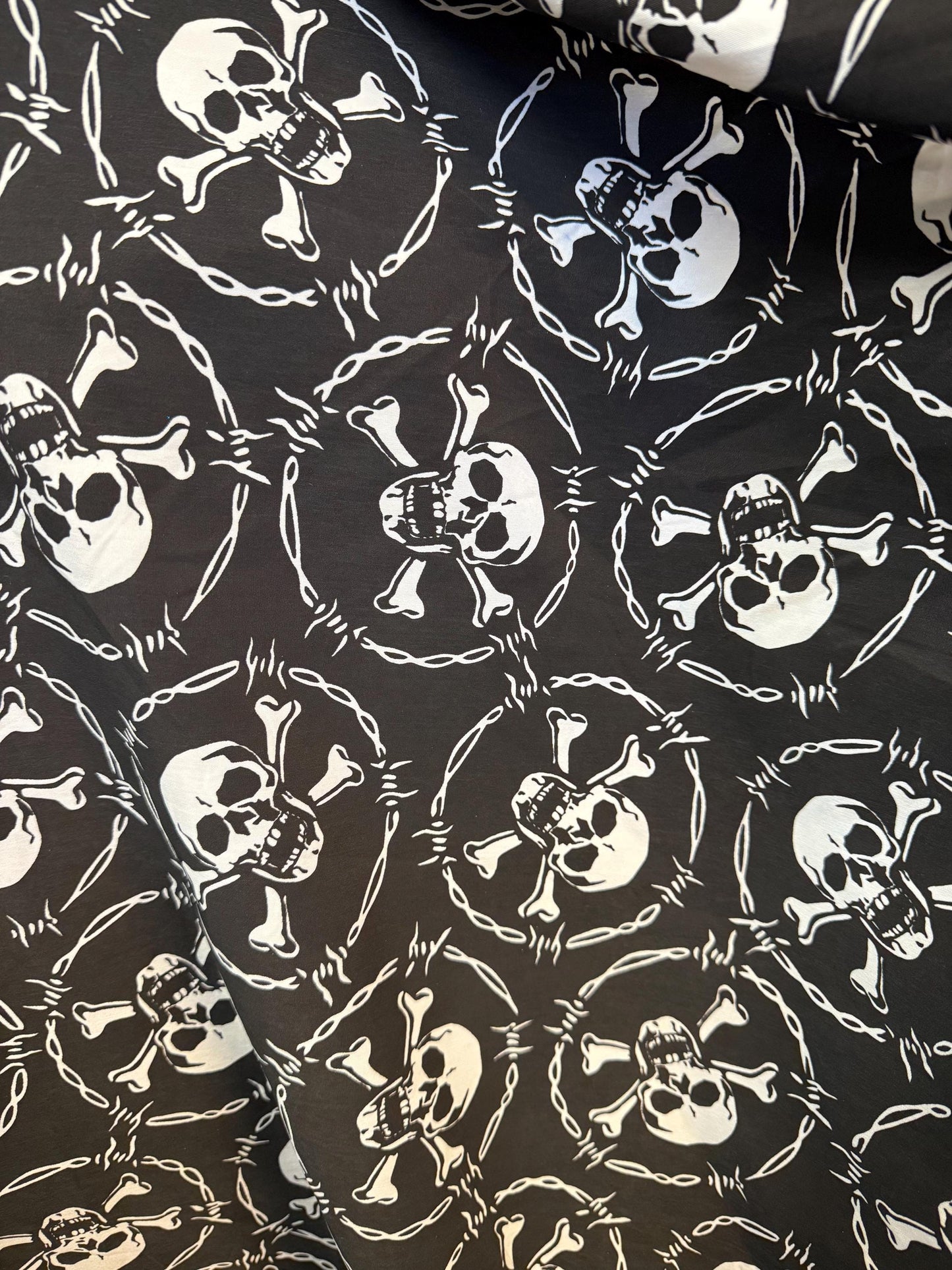 Skull & Barbed Wire Print Fabric: Punk Rock Goth 100% Polyester Halloween fabric by the yard