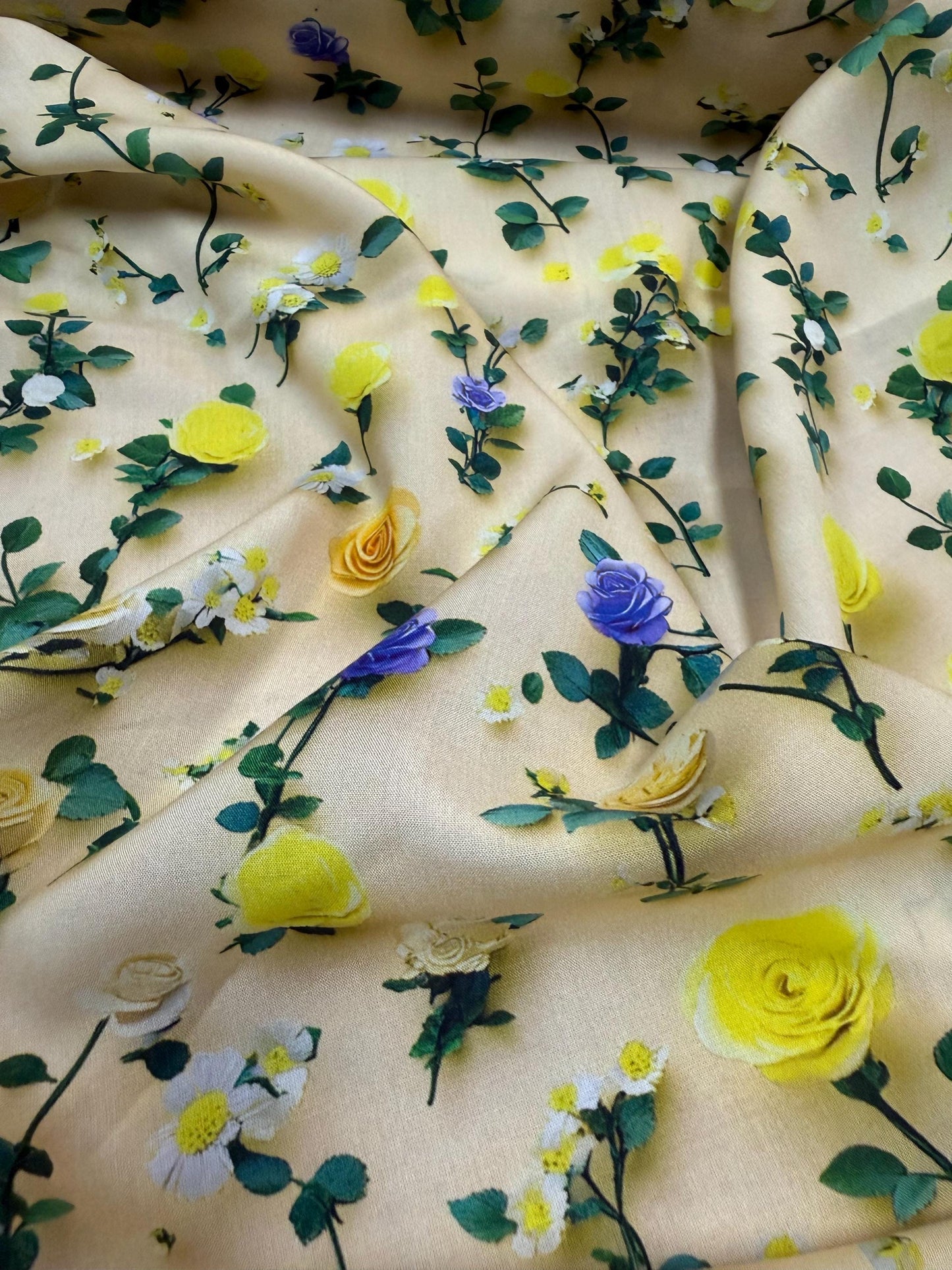 Floral yellow Rayon Challis Fabric: Lightweight Woven, 58" Wide Sold by the yard