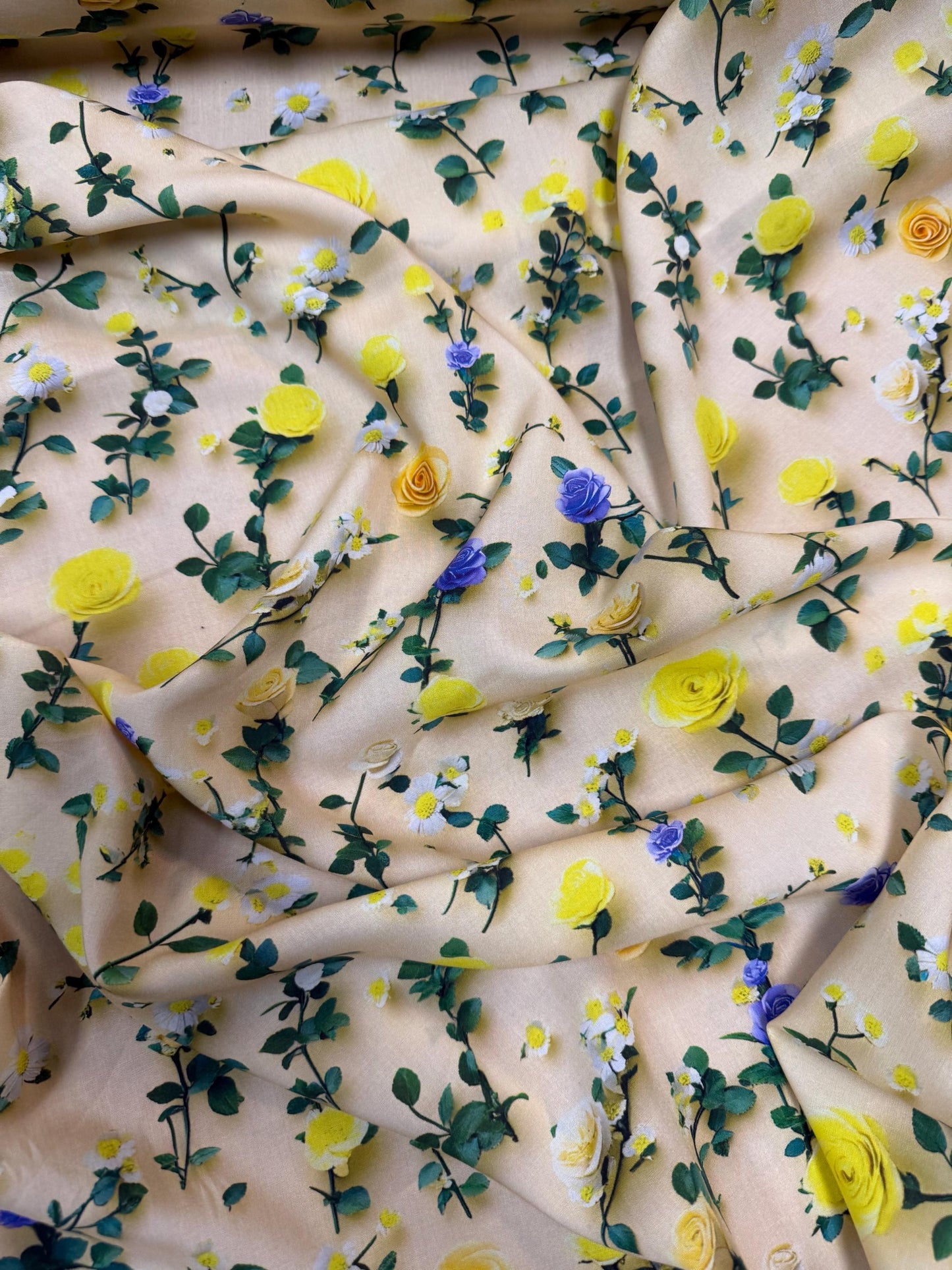 Floral yellow Rayon Challis Fabric: Lightweight Woven, 58" Wide Sold by the yard