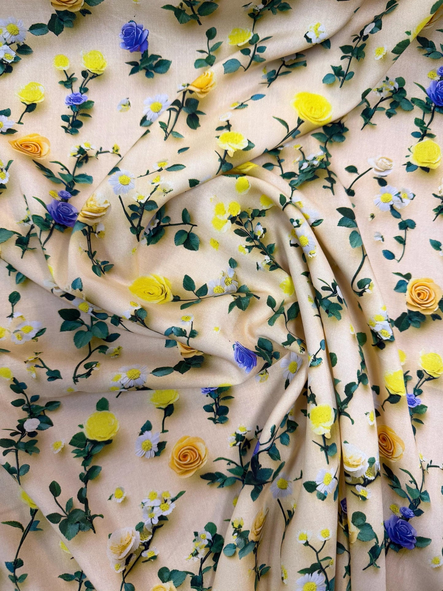 Floral yellow Rayon Challis Fabric: Lightweight Woven, 58" Wide Sold by the yard