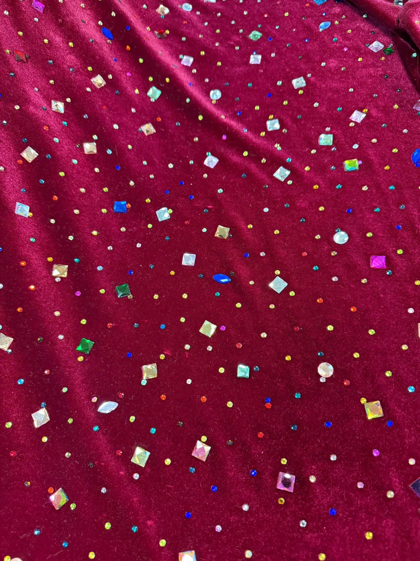 Wine Red Stretch Velvet Fabric with Multicolor Rhinestones | 2-Way Stretch Jewel fabric by the yard- Deadstock