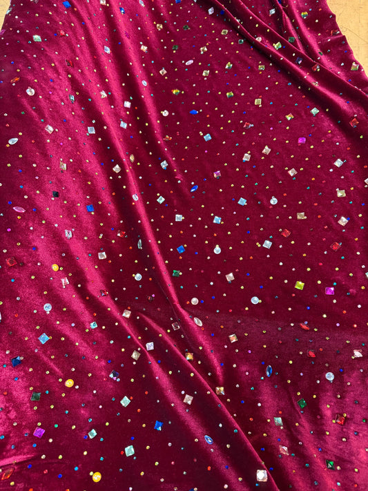 Wine Red Stretch Velvet Fabric with Multicolor Rhinestones | 2-Way Stretch Jewel fabric by the yard- Deadstock