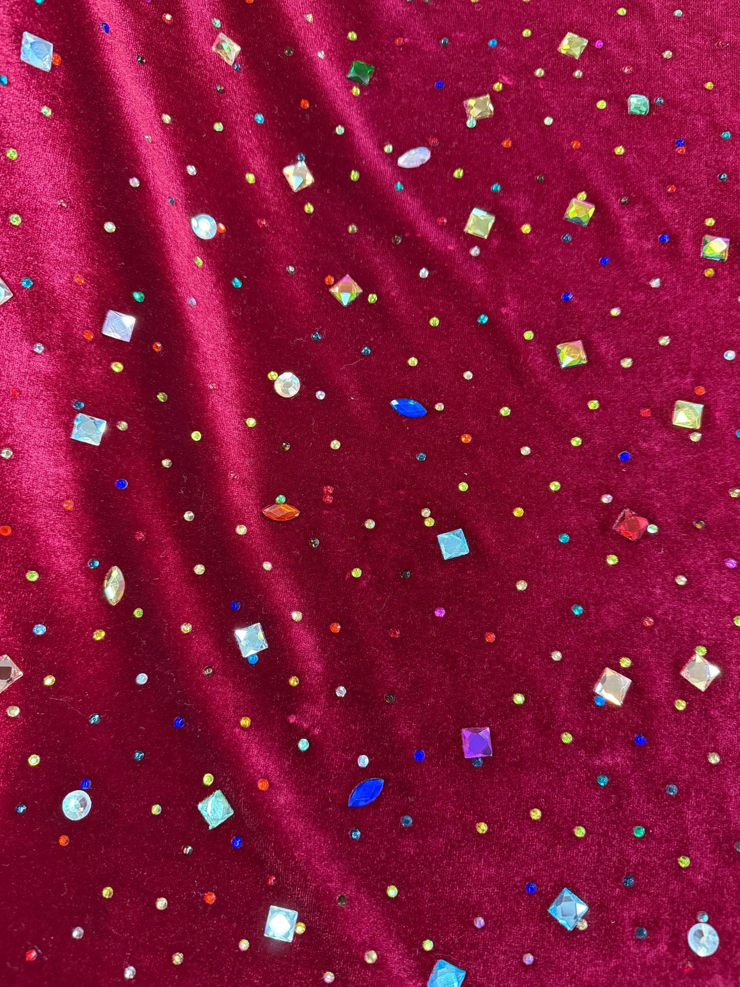Wine Red Stretch Velvet Fabric with Multicolor Rhinestones | 2-Way Stretch Jewel fabric by the yard- Deadstock