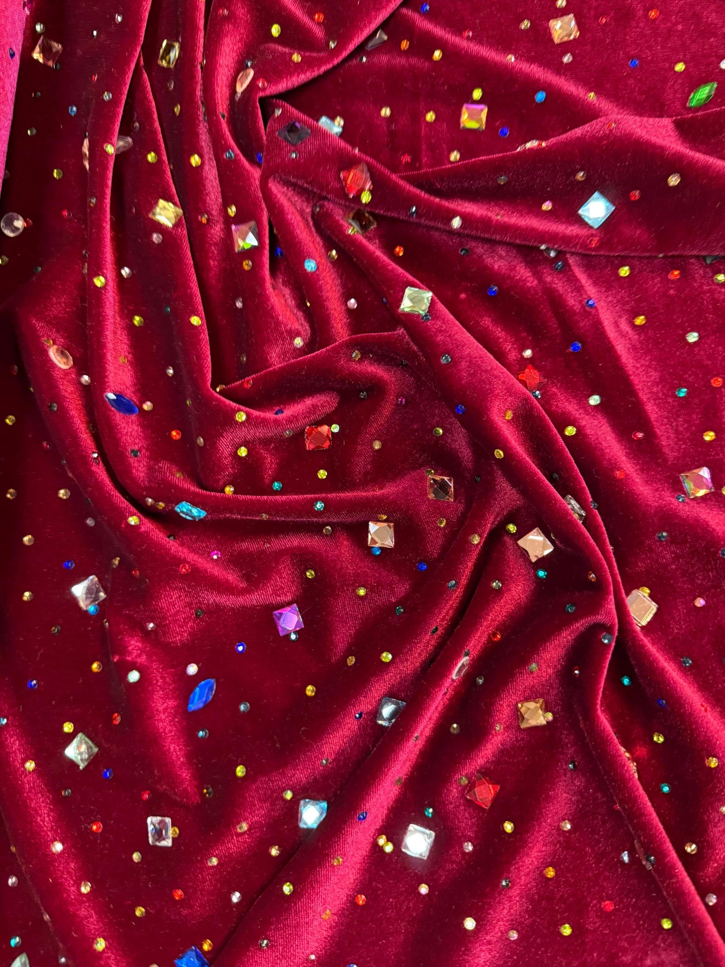 Wine Red Stretch Velvet Fabric with Multicolor Rhinestones | 2-Way Stretch Jewel fabric by the yard- Deadstock