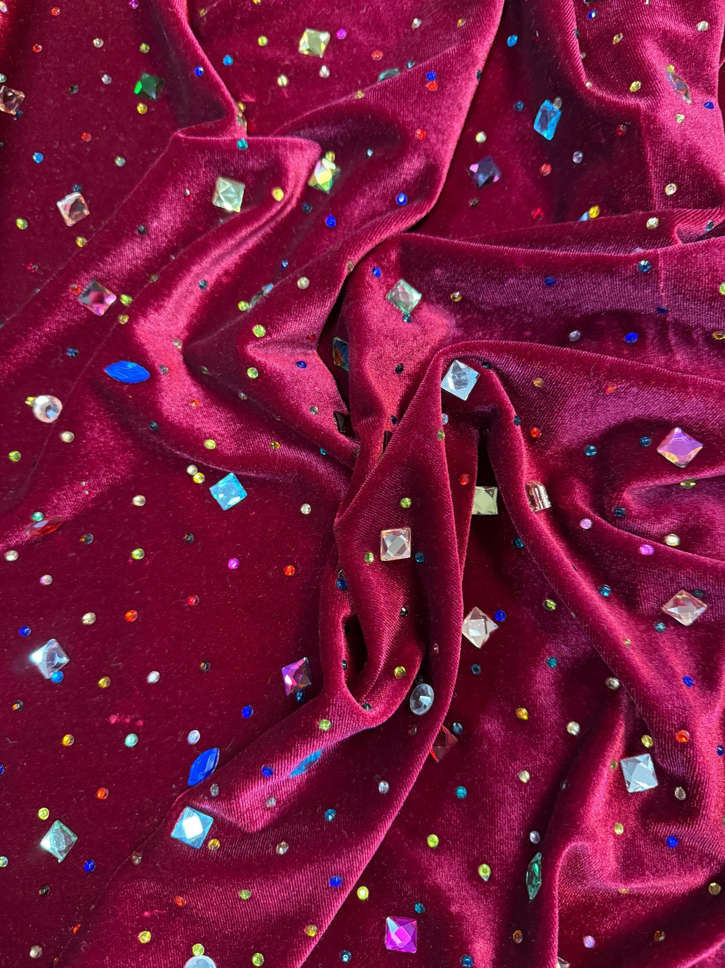 Wine Red Stretch Velvet Fabric with Multicolor Rhinestones | 2-Way Stretch Jewel fabric by the yard- Deadstock