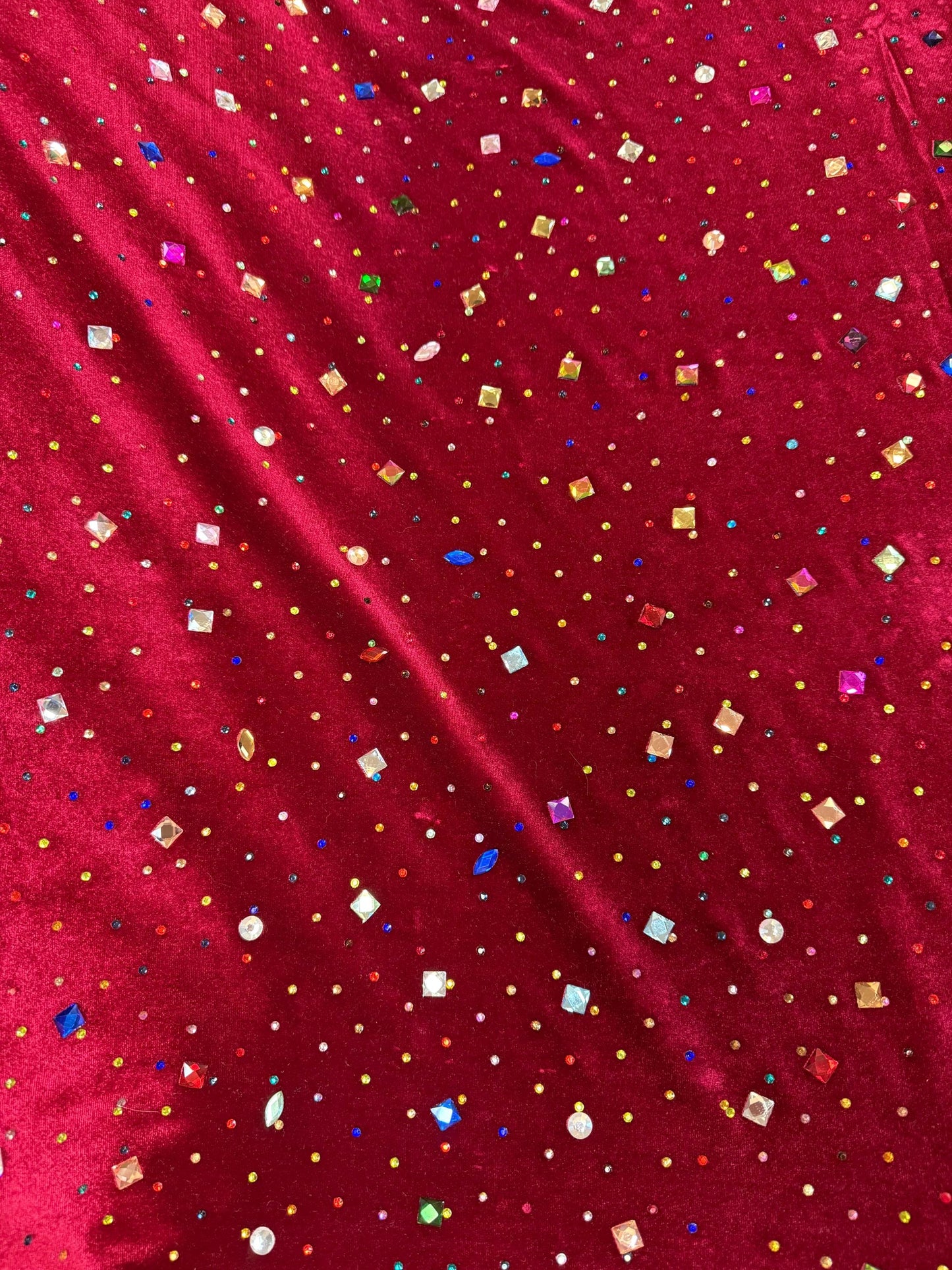 Wine Red Stretch Velvet Fabric with Multicolor Rhinestones | 2-Way Stretch Jewel fabric by the yard- Deadstock