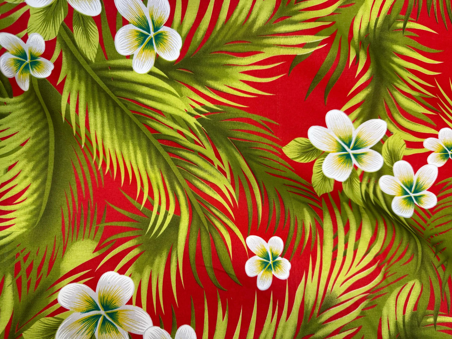 Hawaiian Plumeria Palm Print Fabric by the Yard | 45" Wide | Poly Cotton Blend | Tropical Fabric