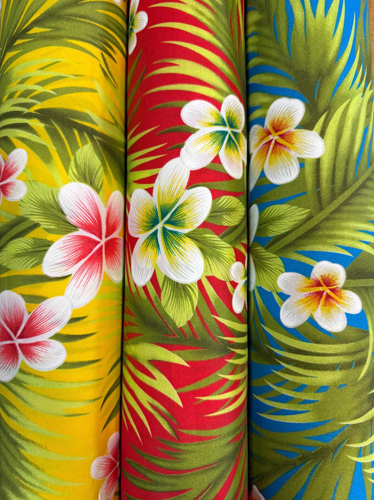 Hawaiian Plumeria Palm Print Fabric by the Yard | 45" Wide | Poly Cotton Blend | Tropical Fabric