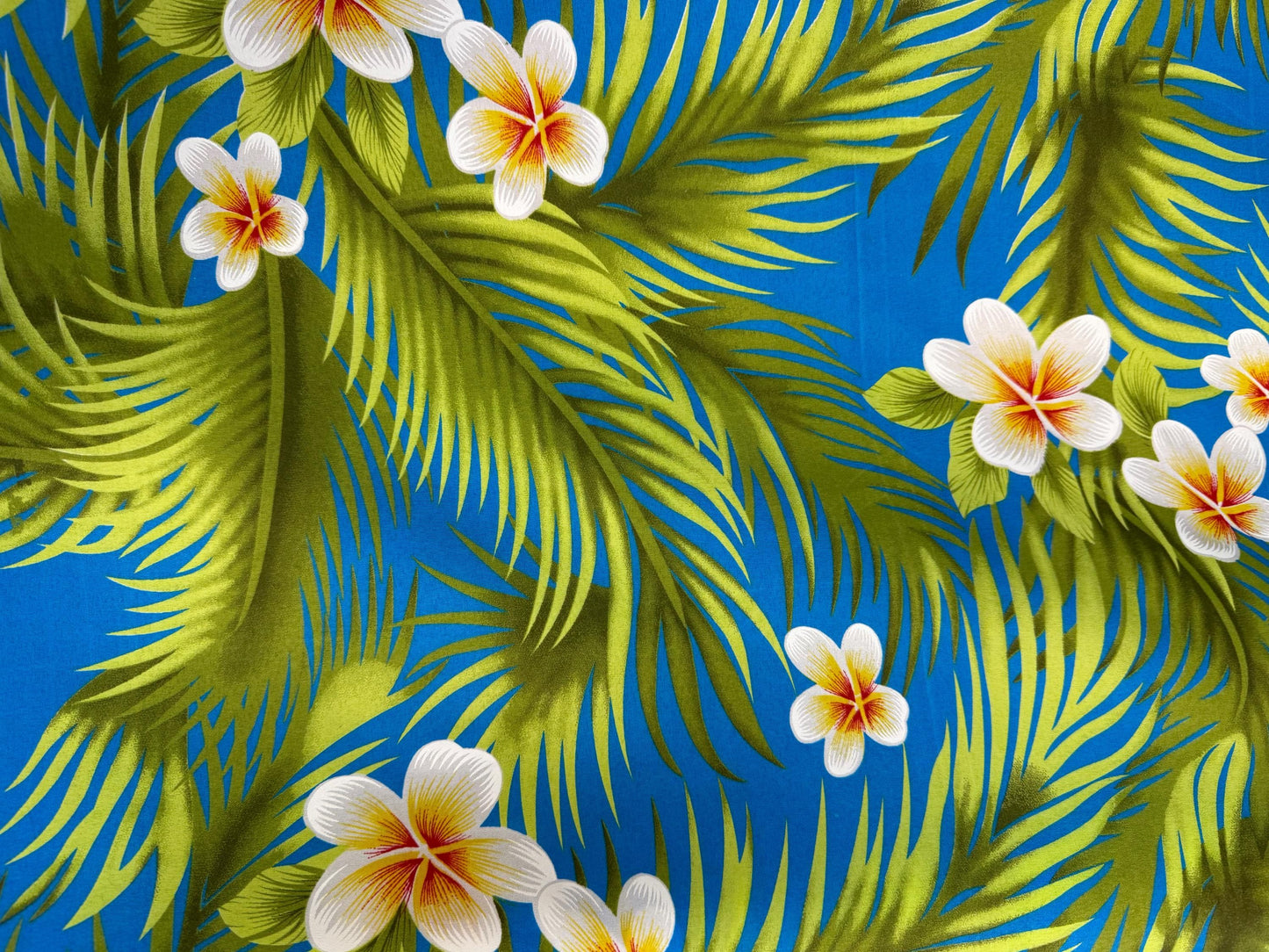 Hawaiian Plumeria Palm Print Fabric by the Yard | 45" Wide | Poly Cotton Blend | Tropical Fabric