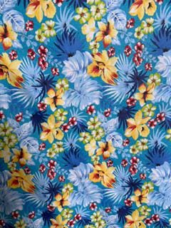 Hawaiian Print Poly Cotton Fabric by the Yard – 60"Wide –Tropical Floral Multicolor–Teal or Black Background –Aloha Shirts, Dresses & Crafts