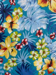 Hawaiian Print Poly Cotton Fabric by the Yard – 60"Wide –Tropical Floral Multicolor–Teal or Black Background –Aloha Shirts, Dresses & Crafts