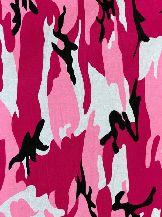 Pink Camouflage Print 100% Cotton Fabric by the Yard – 60" Wide – Hot Pink, Light Pink, White & Black Camo