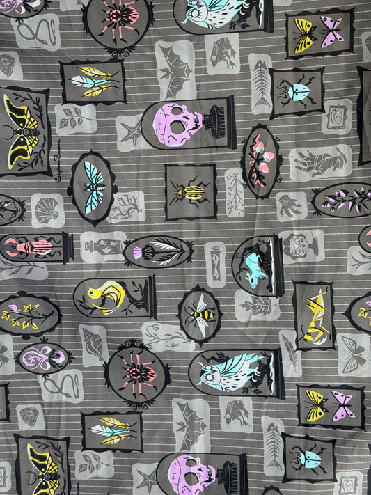 Gothic Curiosity Cabinet Fabric – Skulls, Moths, Beetles Novelty Print by Yard