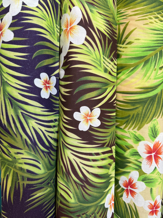 Hawaiian Plumeria & Palm Frond Print Poly Cotton Fabric by the Yard–60"Wide