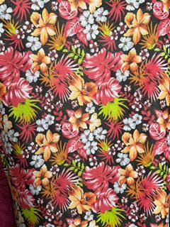 Hawaiian Print Poly Cotton Fabric by the Yard – 60"Wide –Tropical Floral Multicolor–Teal or Black Background –Aloha Shirts, Dresses & Crafts