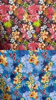 Hawaiian Print Poly Cotton Fabric by the Yard – 60"Wide –Tropical Floral Multicolor–Teal or Black Background –Aloha Shirts, Dresses & Crafts
