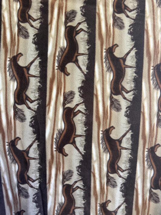 Rearing Horse Print Fleece Fabric by the Yard – 60" Wide – Wild Mustang Stripe Pattern on Brown & Cream – Western Fleece