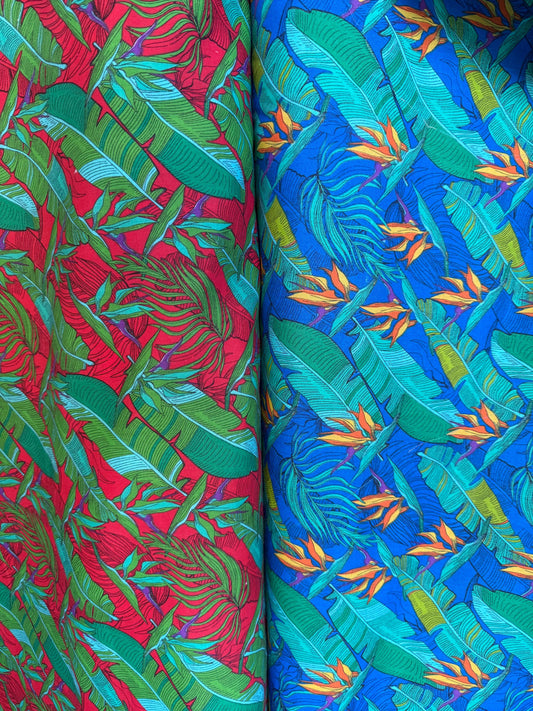 Hawaiian Tropical Leaf Print Poly Cotton Fabric by the Yard–60"Wide–Bird of Paradise & Banana Leaf–Apparel, Quilting,Crafts