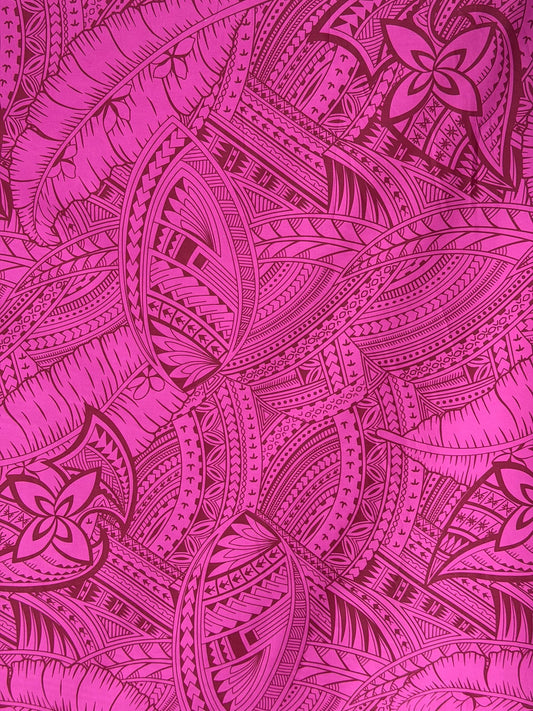 Polynesian Tribal Print Poly Cotton Fabric by the Yard – 60" Wide – Hot Pink Samoan Tattoo Pattern – Island Print