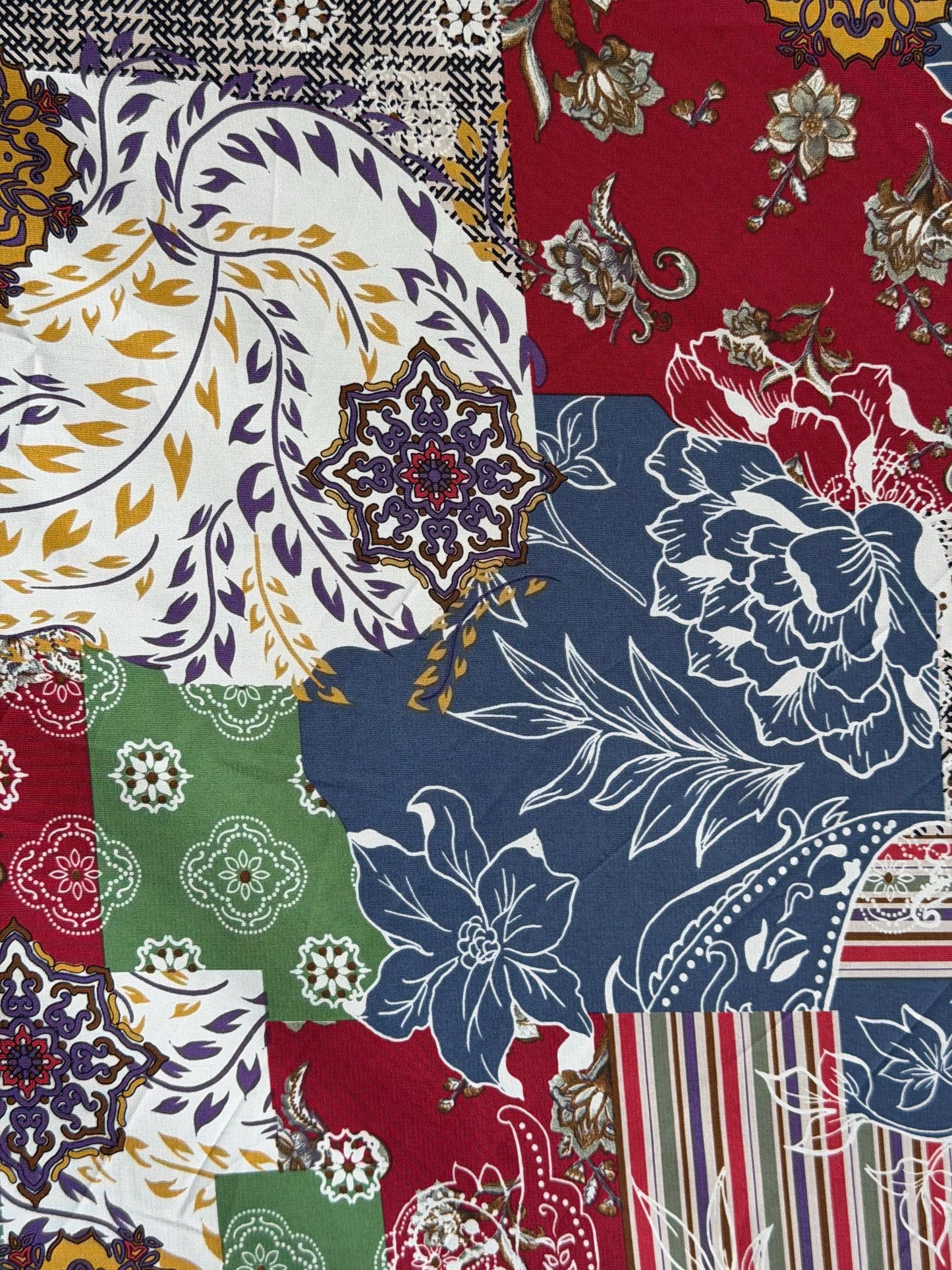 Boho Patchwork Fabric – Polyester Peach Skin, 60" Wide, Floral Medallion Print
