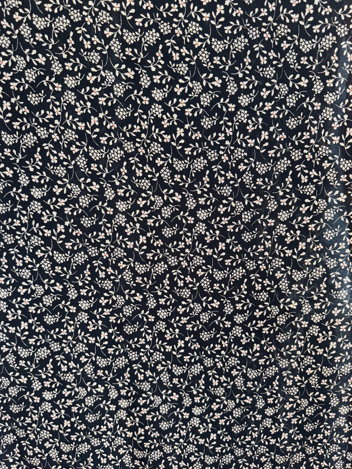 Black Ditsy Floral Crepe Peach Skin Fabric by the Yard – White Vine Print