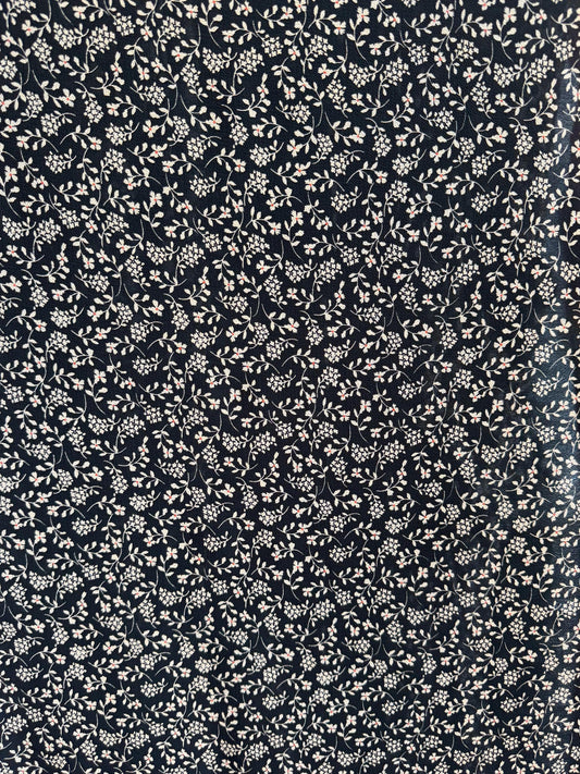 Black Ditsy Floral Crepe Peach Skin Fabric by the Yard – White Vine Print
