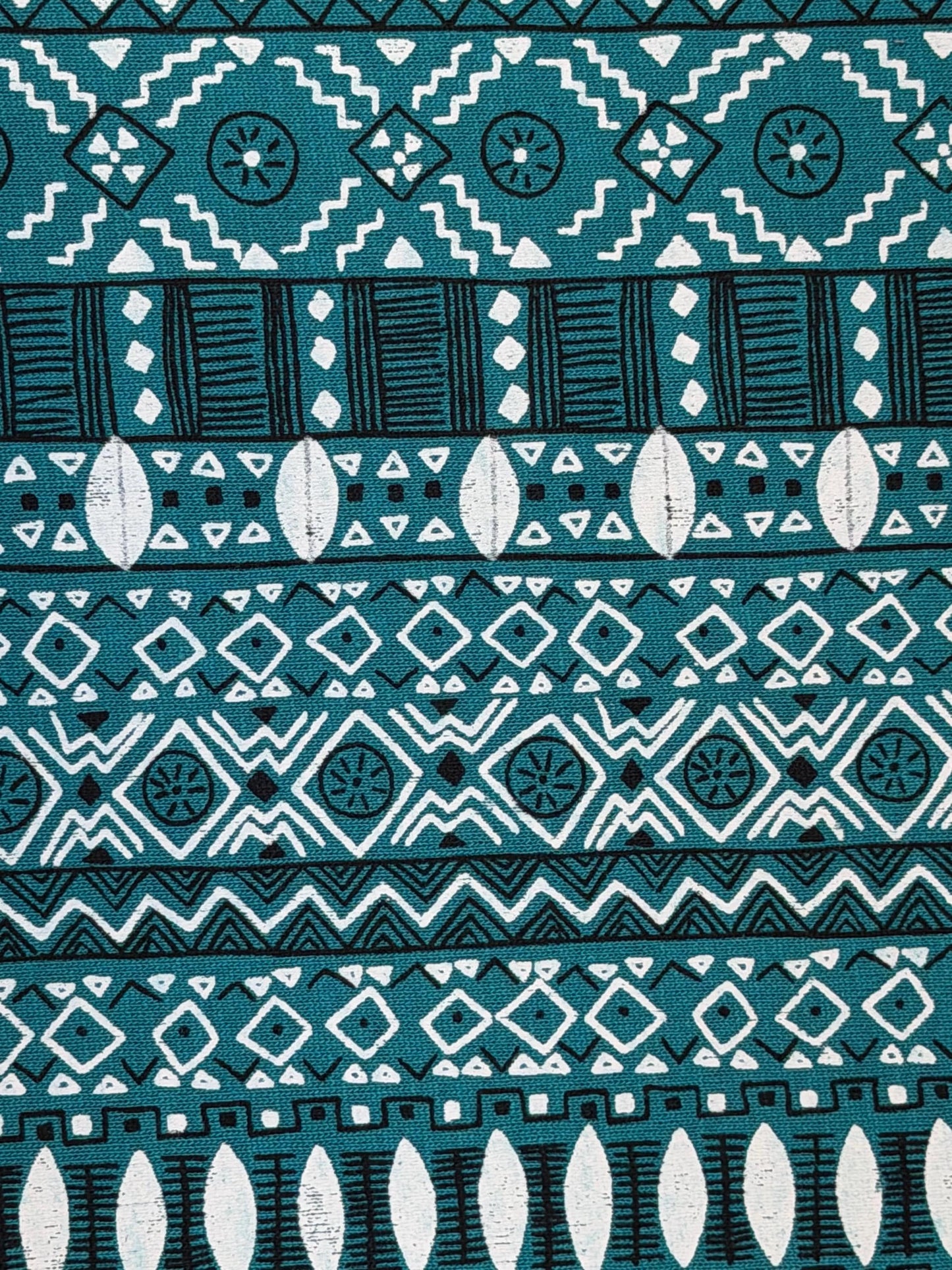 Teal Ethnic Stripe Cotton Jersey Fabric by the Yard – 60" Wide – Boho Geometric Knit Print – Soft Stretch Fabric for T-Shirts