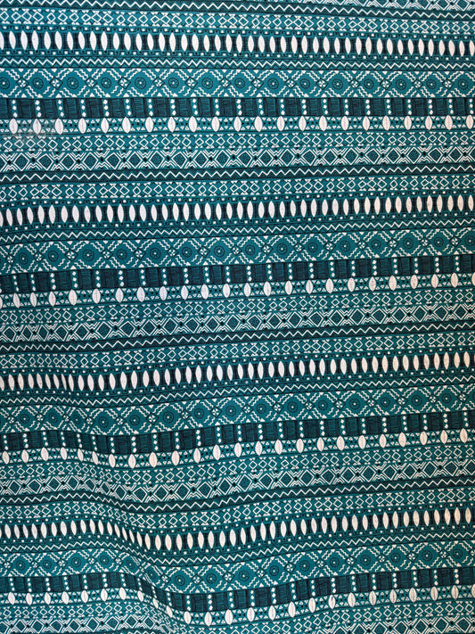 Teal Ethnic Stripe Cotton Jersey Fabric by the Yard – 60" Wide – Boho Geometric Knit Print – Soft Stretch Fabric for T-Shirts