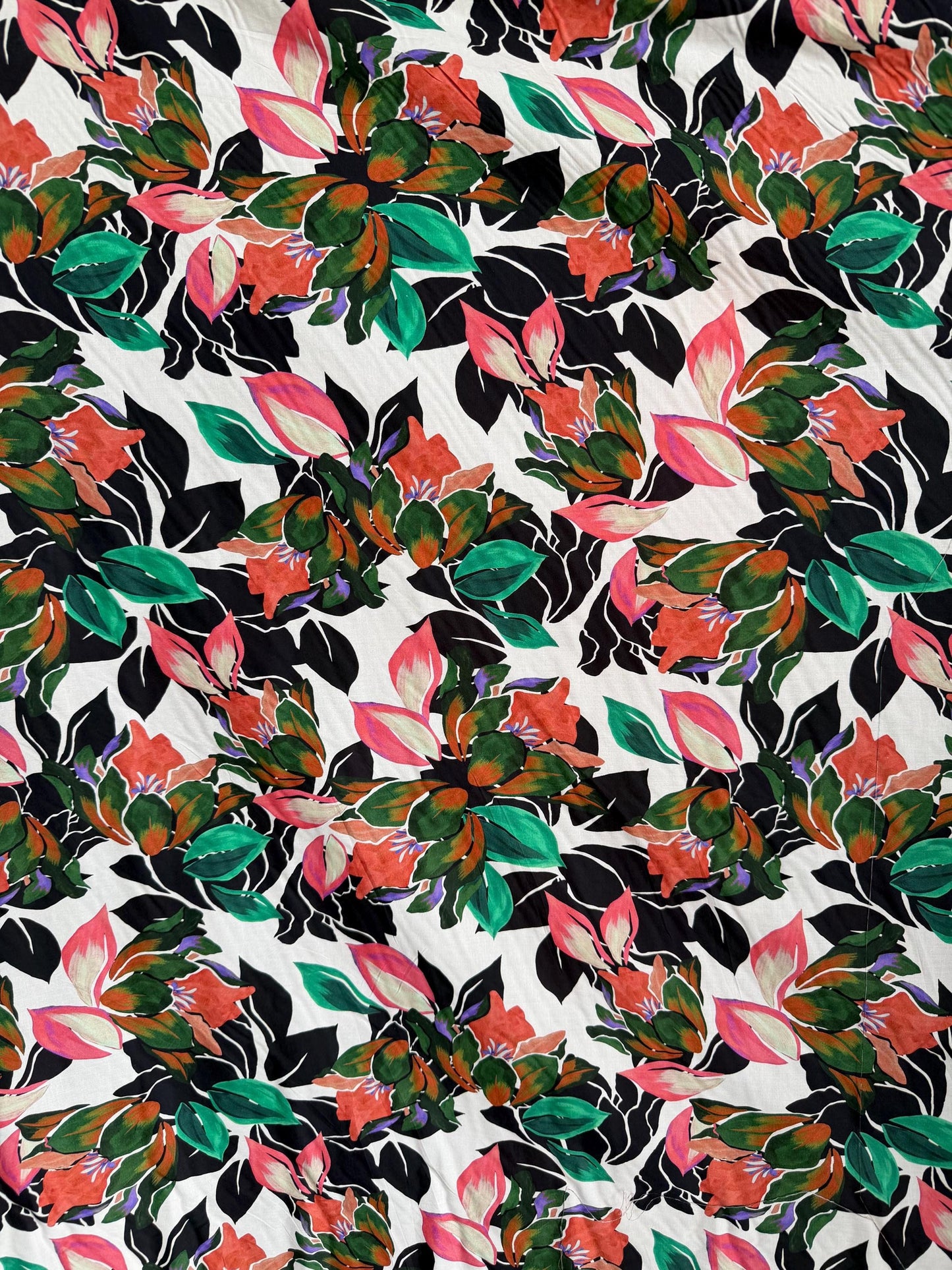 Tropical Floral Cotton Spandex Fabric by the Yard – 60" Wide – Bold Pink, Green & Black