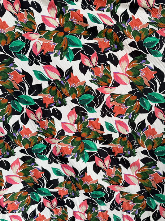 Tropical Floral Cotton Spandex Fabric by the Yard – 60" Wide – Bold Pink, Green & Black