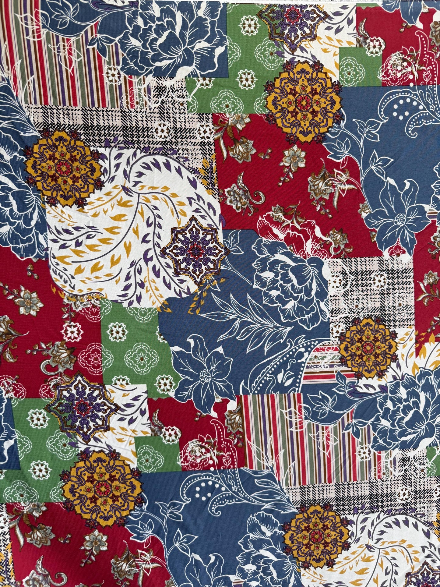 Boho Patchwork Fabric – Polyester Peach Skin, 60" Wide, Floral Medallion Print