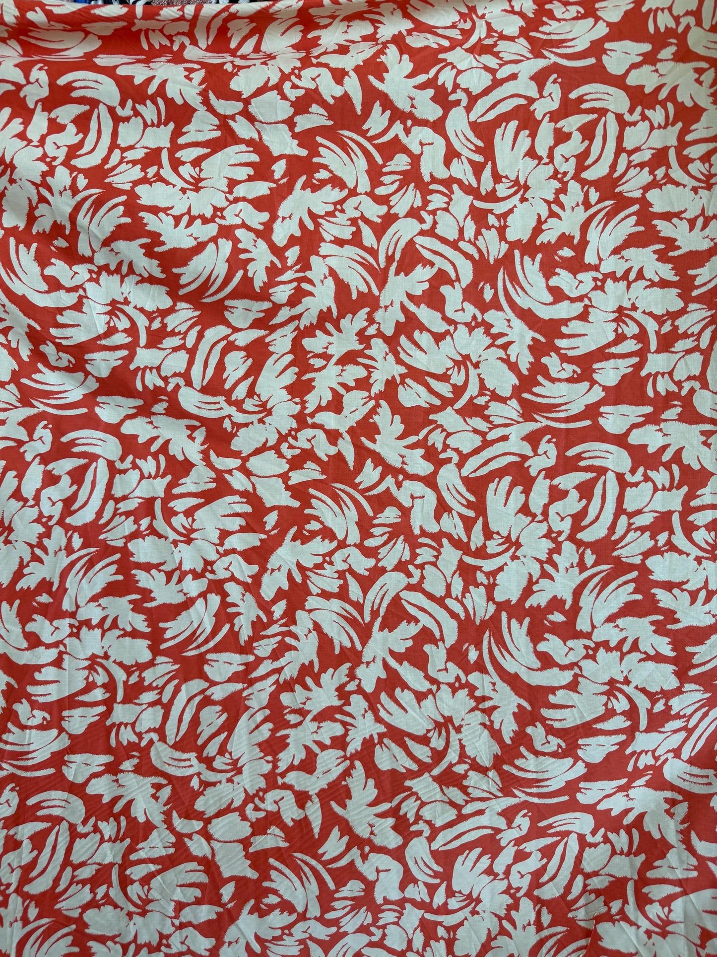 Coral Abstract Floral Cotton Spandex Fabric by the Yard – 60" Wide – White Brushstroke Print on Red – 97 percent Cotton 3 percent Spandex