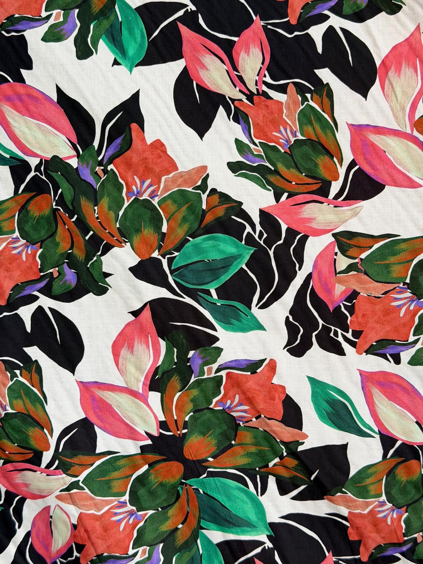 Tropical Floral Cotton Spandex Fabric by the Yard – 60" Wide – Bold Pink, Green & Black