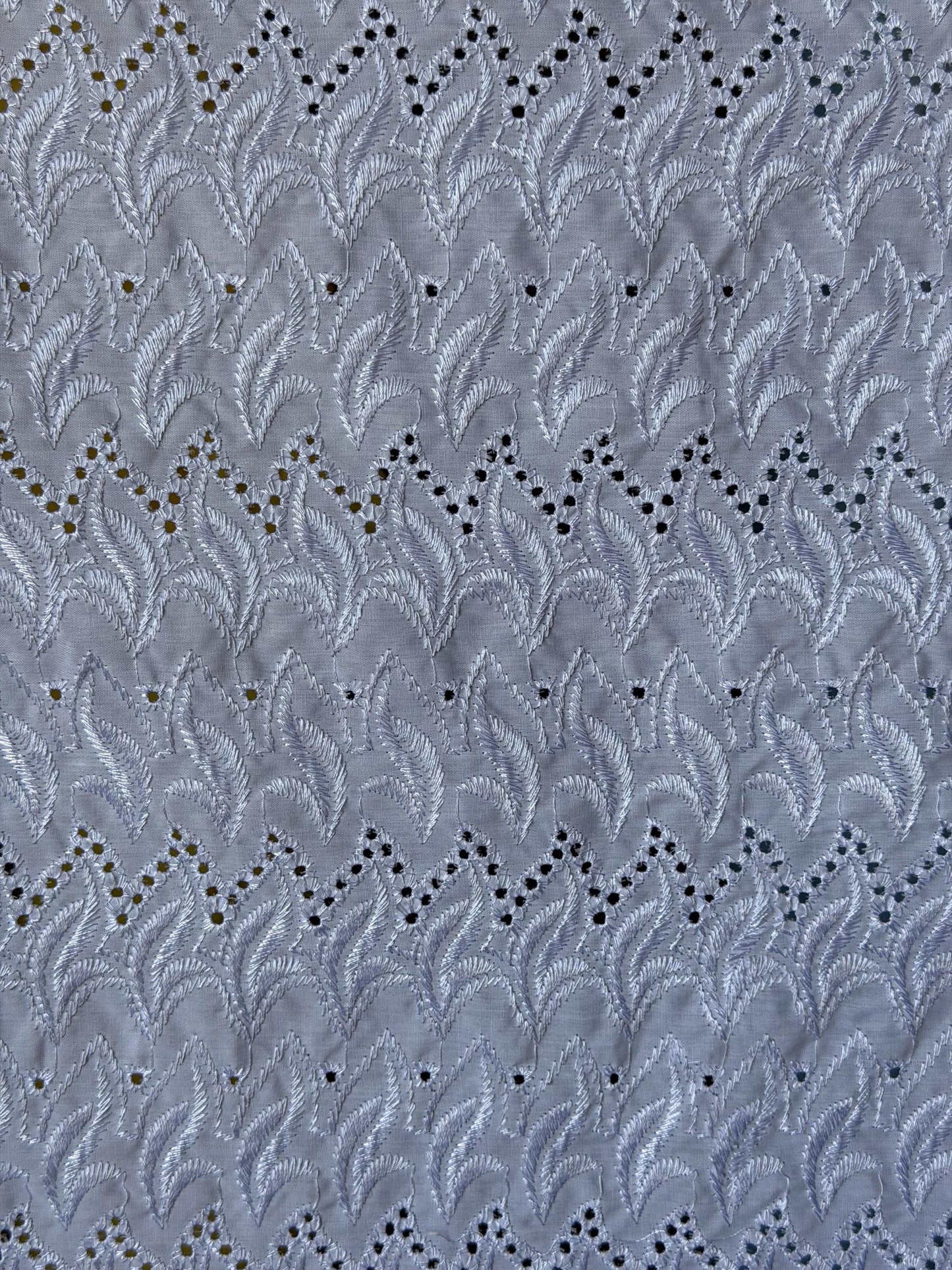 White Cotton Eyelet Fabric – Embroidered Leaf Chevron Pattern, 52" Wide (By the Yard)