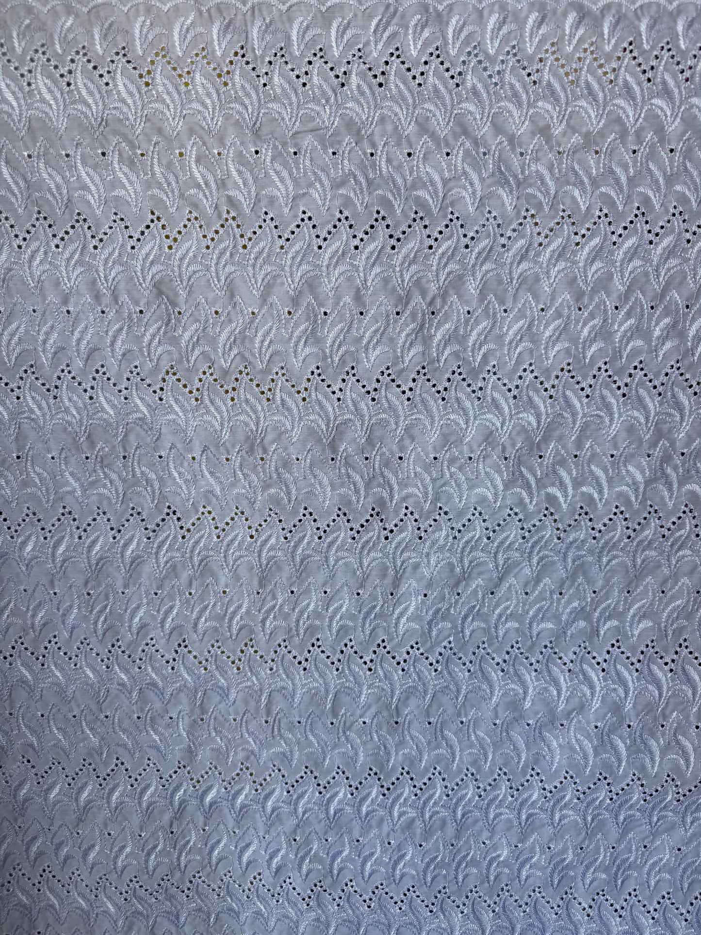 White Cotton Eyelet Fabric – Embroidered Leaf Chevron Pattern, 52" Wide (By the Yard)
