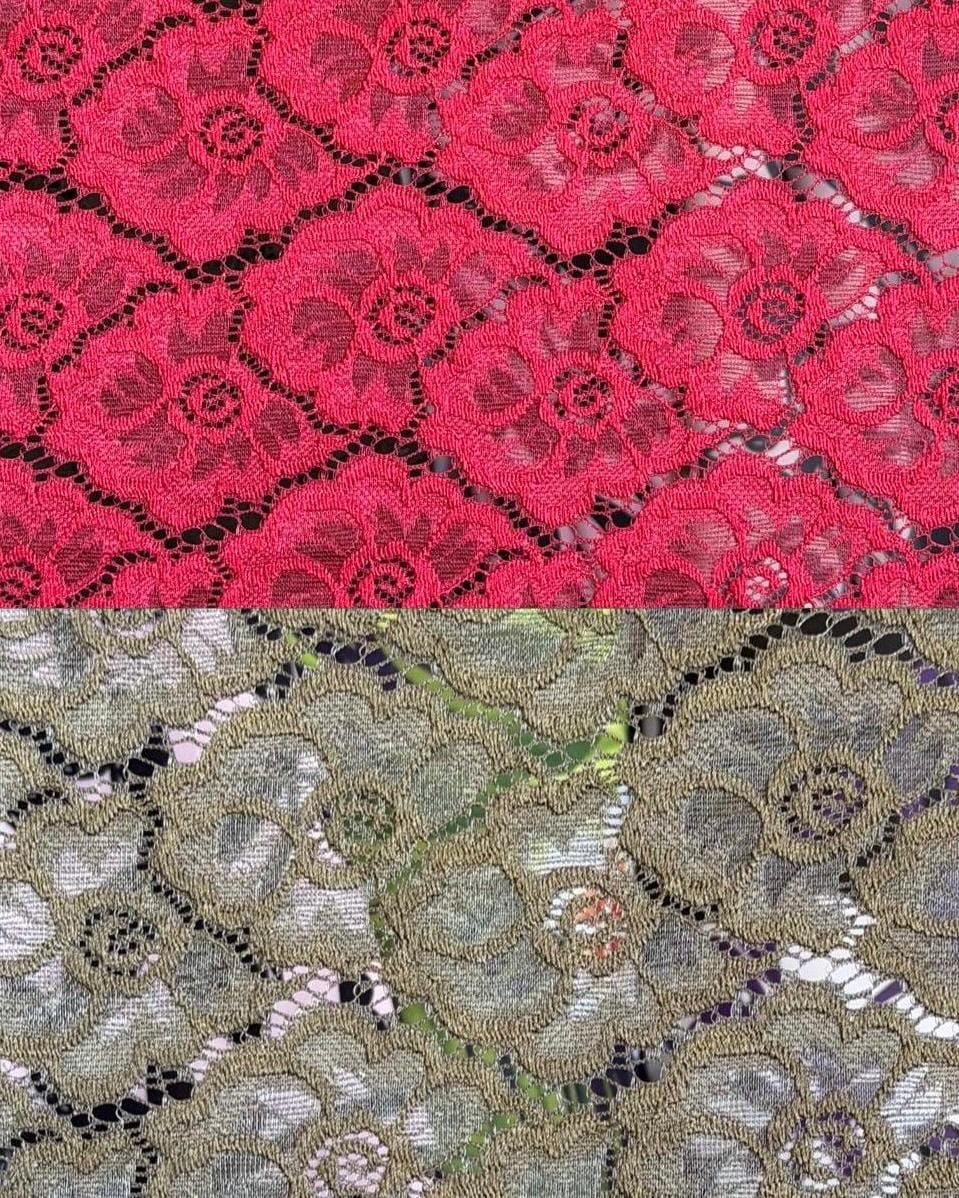 Floral Stretch Lace Fabric by the Yard – 60" Wide – Rose Pattern – Red or Olive – Lingerie, Bridal, Overlay & Fashion Sewing