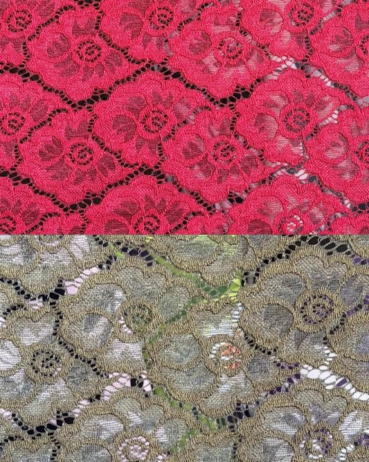 Floral Stretch Lace Fabric by the Yard – 60" Wide – Rose Pattern – Red or Olive – Lingerie, Bridal, Overlay & Fashion Sewing